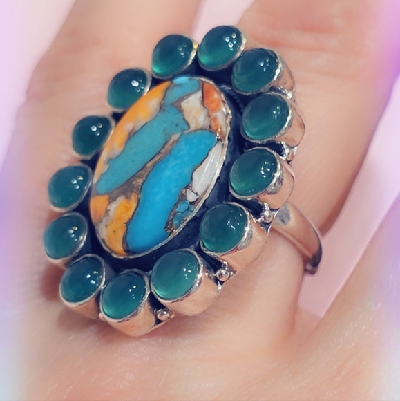 Spiny Turquoise & Green Onyx Sterling Gemstone Ring